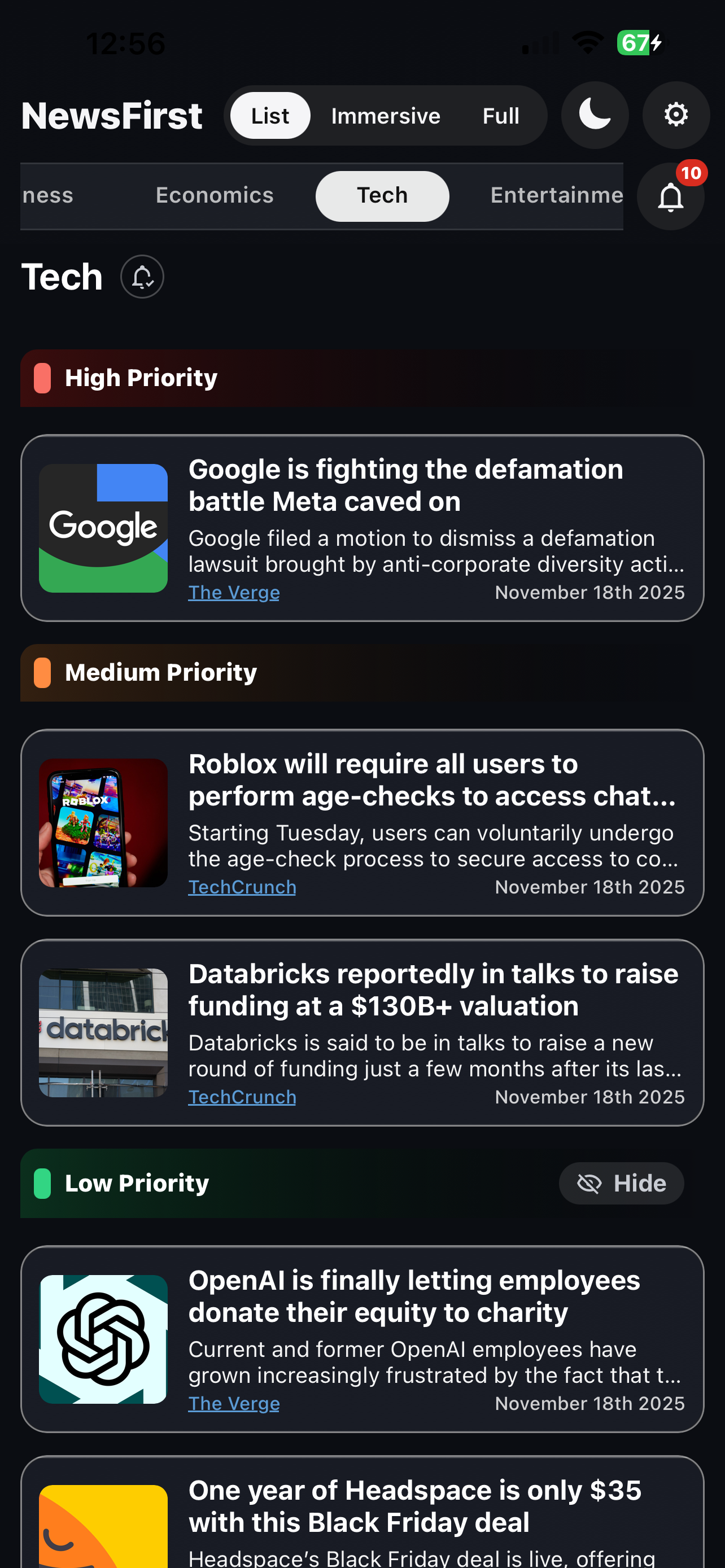 NewsFirst list view (priority cards)