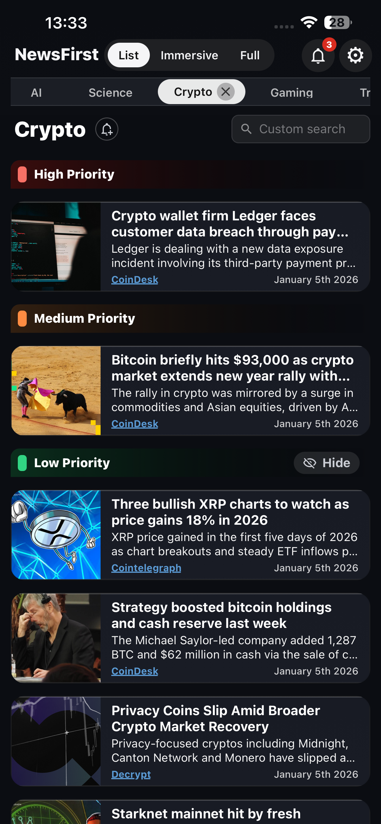 NewsFirst list view - Crypto news with priorities